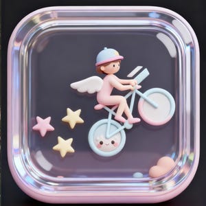 A small, cartoon-like figure riding a bicycle with wings, surrounded by stars and hearts, all set against a dark background.