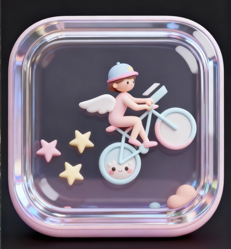 A small, cartoon-like figure riding a bicycle with wings, surrounded by stars and hearts, all set against a dark background.
