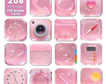 208 iconos de aplicaciones de cristal barroco rosa: iconos de lujo en tonos pastel para iOS / Estética rosa elegante para iPhone / Iconos y fondos de pantalla personalizados gratuitos