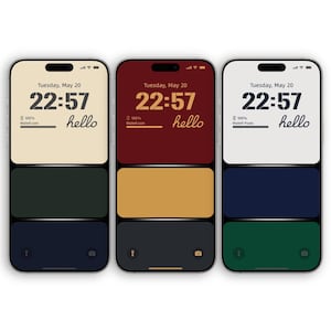May include: Three smartphones displaying different color schemes. Each screen shows the time 22:57, the date, and the word "hello". The bottom sections of the screens feature solid blocks of color.