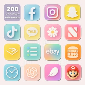 Puede incluir: Una colección de 16 iconos de aplicaciones con un diseño minimalista de macaron pastel. Los iconos incluyen plataformas de redes sociales como Facebook, Instagram y Snapchat, junto con otros logotipos de aplicaciones. El texto "200 APP ICONS! Minimal Macaron" está en la parte superior.