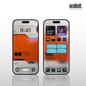 May include: Two smartphones displaying custom home screen designs. The left phone features an orange and white aesthetic with the time 9:41 AM. The right phone shows a calendar and app icons. The brand name "wallelf" is visible.