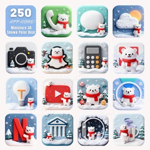 May include: A collection of 16 miniature 3D app icons featuring a snow and polar bear theme. Each icon is square with a different design, including a phone, speech bubble, camera, calculator, and more. The icons are set against a snowy background.