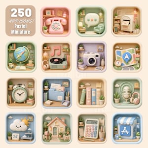 Può includere: Una collezione di 250 icone di app in miniatura color pastello con scene renderizzate in 3D tra cui un telefono a disco, una fotocamera, un mappamondo, una sveglia, una calcolatrice e una casa, all'interno di cornici quadrate arrotondate.