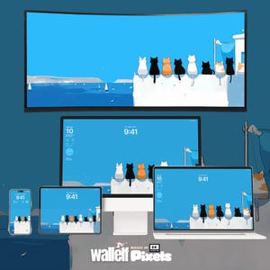 May include: A digital illustration of a blue sky with white clouds and a white wall with a row of cats sitting on top. The cats are all different colors, including black, white, orange, and gray. The image is displayed on multiple screens of different sizes, including a large curved screen, a desktop monitor, a laptop, a tablet, and a smartphone. The time is 9:41 on all of the screens.