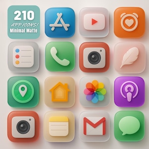 Pode incluir: Uma coleção de 16 ícones de aplicativos foscos minimalistas em várias cores, incluindo azul, verde, laranja e roxo. Os ícones representam aplicativos comuns como uma câmera, telefone e e-mail. O ícone superior esquerdo diz "210 APP ICONS! MINIMAL MATTE."