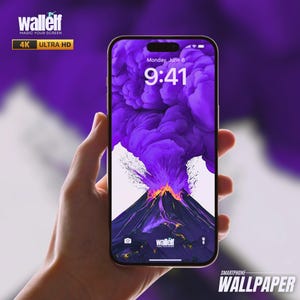 May include: A smartphone displaying a purple and black volcano erupting with smoke. The time on the screen is 9:41. The text "Monday, June 6" is displayed above the time. The text "wallelf" is displayed at the bottom of the screen.