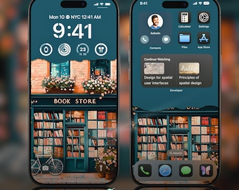 Op de afbeelding: Een digitale illustratie van een telefoonscherm met een boekwinkelthema. Het telefoonscherm toont een klok met de tijd 9:41 uur, een boekwinkel met een bord waarop "BOOK STORE" staat, en een boekenkast vol boeken. Het telefoonscherm toont ook een paar app-pictogrammen, waaronder een rekenmachine, instellingen, bestanden en een app store.