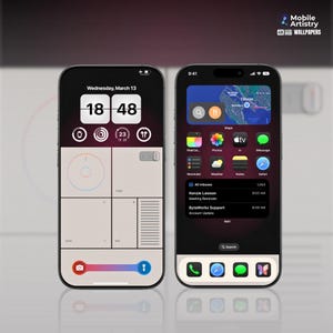 以下が含まれることがあります： 2つのスマートフォン。カスタムユーザーインターフェースが表示されています。左のスマートフォンは時計とコントロールパネル、右のスマートフォンはアプリのアイコンとウィジェットを表示しています。背景は色のグラデーションです。