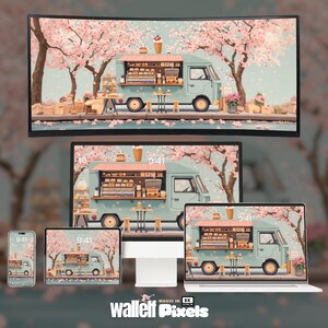 May include: A digital illustration of a light blue food truck with a white awning and a variety of baked goods displayed inside. The truck is parked in front of a row of cherry blossom trees with pink flowers. The image is displayed on a variety of devices, including a phone, tablet, laptop, and desktop monitor.