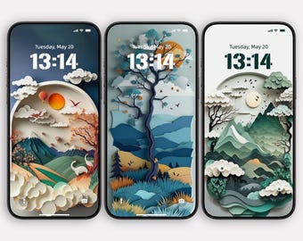 Conjunto de fondos de pantalla de naturaleza escénica para iPhone / Paisajes de montaña y bosque en 3D con arte en papel / Pantalla de bloqueo estética y tranquila / Descarga instantánea | 620