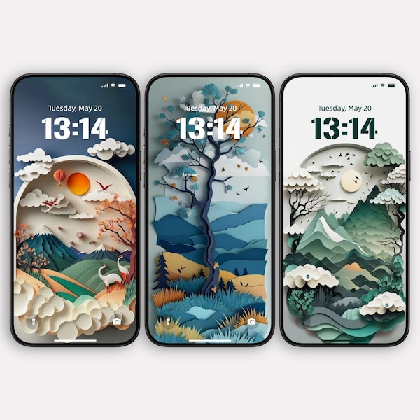 Scenic Nature iPhone Wallpaper Set | 3D Paper Art Mountain & Forest Landscapes | Tranquil Aesthetic Lock Screen | Instant Download｜620