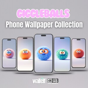 Può includere: Cinque smartphone che mostrano palline di peluche colorate e fumettistiche con facce espressive. Il testo "Giggleballs Phone Wallpaper Collection" è visualizzato sopra i telefoni. La parte inferiore dell'immagine include il testo "wallelf" e "4K Ultra HD Phone Wallpapers."