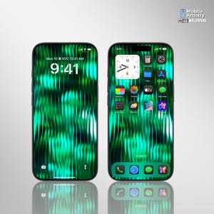 Könnte beinhalten: Ein iPhone-Hintergrundbild mit einem abstrakten Muster in Grün und Blau. Der Startbildschirm zeigt ein Uhr-Widget und App-Symbole. Die Uhrzeit ist 9:41 Uhr.