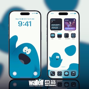 Può includere: Un mockup di iPhone blu con un personaggio fantasma blu sullo schermo. La schermata iniziale del telefono mostra un'app di calendario con la data di lunedì 7, un'app di diario con una striscia di 3 giorni e un'app di orologio. La schermata di blocco del telefono mostra l'ora 9:41 AM e la data di lunedì 10.