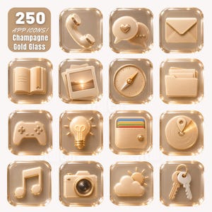 Könnte beinhalten: Eine Sammlung von 250 App-Symbolen im Champagner-Gold-Glas-Design. Die quadratischen Symbole zeigen verschiedene Motive wie ein Telefon, Sprechblasen, einen Briefumschlag, ein Buch, Fotos, einen Kompass, einen Ordner, einen Gamecontroller, eine Glühbirne, eine Geldbörse, eine Kartenmarkierung, eine Musiknote, eine Kamera, Wetter und Schlüssel.