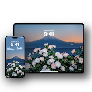 Könnte beinhalten: Ein Smartphone und ein Tablet zeigen einen malerischen Hintergrund mit einem Berg, Wasser und Blumen. Die Bildschirme zeigen die Uhrzeit 9:41 Uhr und das Wort "hello". Die Blumen sind weiß und rosa.