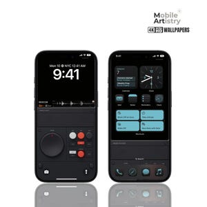 May include: A black and white image of two iPhone screens. The left screen shows a digital clock with the time 9:41 AM and the text "Mon 10 NYC 12:41 AM". The right screen shows a clock widget with the time 9:41, a calendar widget with the date 7 and the text "Farmers Market" and "Weekly Prep", and a list of app icons for Mail, Notes, Reminders, and Clock.