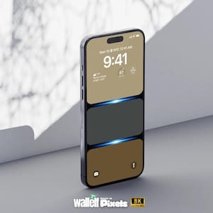 May include: A black smartphone with a gold and gray background on the screen. The time is 9:41 AM and the date is Monday, 10th. The weather is partly cloudy with a temperature of 72 degrees Fahrenheit. The text "MAGIC IN Wallelf Pixels 8K ULTRA HD" is at the bottom of the screen.