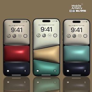 May include: Three smartphone mockups with different colored backgrounds. The screens display a digital clock with the time 9:41 AM and the date Mon 10. The text "Mobile Artistry 4K HD WALLPAPERS" is displayed at the top of the image.