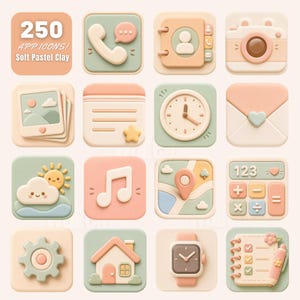 Könnte beinhalten: Eine Sammlung von 250 App-Icons im weichen Pastell-Ton-Stil, mit abgerundeten quadratischen Designs und erhabenen 3D-Elementen. Die Icons zeigen ein Telefon, eine Kamera, eine Uhr, einen Umschlag, Wetter, Musik, eine Karte, einen Taschenrechner, ein Zahnrad, ein Haus, eine Uhr und einen Notizblock.