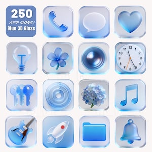 Puede incluir: Una colección de 16 iconos de aplicaciones de vidrio 3D azul, que incluyen un teléfono, una burbuja de diálogo, un corazón, una bombilla, una flor, una lente de cámara, un reloj, llaves, un círculo de carga, una hortensia, una nota musical, una guitarra, un cohete, una carpeta y una campana. El texto dice "250 APP ICONS! Blue 3D Glass."