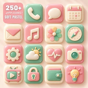 May include: A collection of 250+ soft pastel app icons featuring 3D-style rounded square buttons. The icons display various symbols including a phone, speech bubble, calendar, envelope, music note, flower, compass, gear, weather, heart, camera, TV, lock, wallet, and lightbulb.
