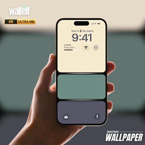 Può includere: Un mockup di smartphone con uno sfondo beige chiaro e uno schema di colori verde e grigio scuro. Lo schermo mostra un orologio con l'ora 9:41, la data lunedì 6 e il testo "Nessun allarme". I testi "PIOGGIA" e "Oggi 50%" sono anche visibili sullo schermo. Il testo "SFONDO SMARTPHONE" è visualizzato nella parte inferiore dell'immagine.