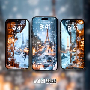Puede incluir: Tres maquetas de iPhone que muestran un fondo de pantalla de teléfono con temática invernal con un fondo borroso de la Torre Eiffel y copos de nieve que caen. La hora en el teléfono muestra las 9:41.