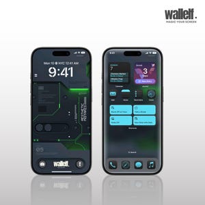 Peut inclure: Une maquette d'un smartphone avec un cadran d'horloge numérique noir et vert et le texte "9:41" à l'écran. Le téléphone a également un fond vert et noir avec le texte "Aesthetic Distresses" et le mot "walleff" en bas. Le deuxième écran du téléphone affiche des applications de calendrier, de notes, de rappels et d'horloge. Le texte "walleff. Magic Your Screen" est en haut de l'image.