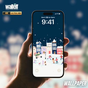 May include: A smartphone displaying a winter village scene with people playing in the snow. The screen shows the time as 9:41 AM. The phone is labeled "4K ULTRA HD" and "SMARTPHONE WALLPAPER". The brand name "wallelf" is also visible.