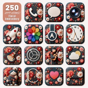 Può includere: Una collezione di 16 design di icone di app con un tema di ricamo floreale. Ogni icona quadrata presenta un design diverso, tra cui un telefono, un obiettivo della fotocamera, un razzo, un orologio, una chitarra e un gatto. Le icone sono decorate con fiori rossi, bianchi e rosa.