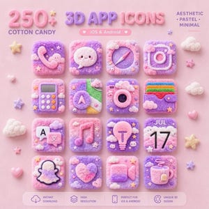 Può includere: Icone di app 3D estetiche a tema zucchero filato. L'immagine presenta oltre 250 icone in rosa pastello e viola, con una texture soffice. Le icone includono un telefono, una calcolatrice, una fotocamera e un calendario. Il testo include "3D App Icons", "Cotton Candy" e "iOS & Android."