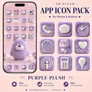Puede incluir: Un paquete de iconos de aplicación 3D de felpa para iPhone y Android con una textura morada y difusa. El conjunto incluye más de 250 iconos y fondos de pantalla a juego. La pantalla muestra un smartphone con iconos morados y un personaje.
