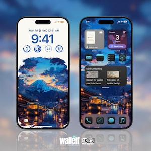 May include: A digital illustration of a Japanese cityscape at night with a mountain in the background. The image is used as a phone wallpaper with a clock and other icons on the screen. The time is 9:41 AM. The text "NYC 12:41 AM" is displayed on the screen.