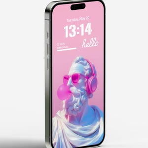 Fondo de pantalla de iPhone con estatua estética retro / Pantalla de bloqueo de arte pop neón / Fondo de teléfono con escultura griega genial / Arte digital funky / 537