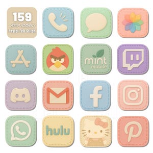 Pode incluir: Uma coleção de 159 ícones de aplicativos em cores pastel com um design de ponto de feltro. Os ícones incluem um telefone, um balão de bate-papo, uma flor e logotipos de mídia social como Discord, Facebook e Instagram. O texto "159 APP ICONS! Pastel Felt Stitch" está no topo.