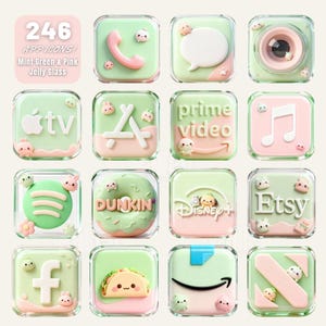 May include: A collection of 16 app icons in a mint green and pink color scheme. Each icon is square with a jelly glass effect and features various app logos and cute character designs. The text "246 APP ICONS!" is at the top.