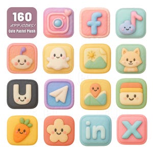 以下が含まれることがあります： Instagram、Facebook、LinkedInなど、16個のパステルカラーのぬいぐるみアプリアイコンのセット。各アイコンは、音符の雲や笑顔のキツネなど、ユニークでキュートなデザインが特徴です。「160 APP ICONS! Cute Pastel Plush」というテキストが上部にあります。