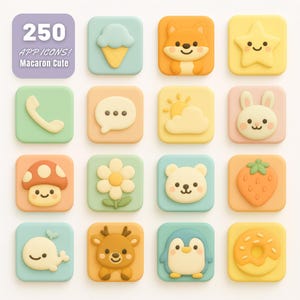 May include: A grid of 16 colourful app icons with charming cartoon designs. Each square icon features a different image, including an ice cream cone, fox, star, phone, speech bubble, sun, cloud, bunny, mushroom, flower, bear, strawberry, whale, deer, penguin, and donut. The text "250 APP ICONS! Macaron Cute" is at the top.