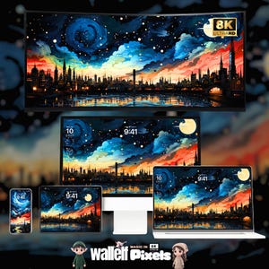 Fondo de pantalla digital de horizonte estrellado en 8K / Fondo de paisaje urbano para escritorio, iPhone, iPad y MacBook / Estética de paisaje nocturno vibrante / 494