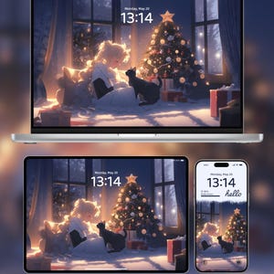 Könnte beinhalten: Eine digitale Illustration einer jungen Frau mit blonden Haaren, die neben einer schwarzen Katze vor einem geschmückten Weihnachtsbaum sitzt. Die Szene spielt in einem Raum mit einem Fenster und Schnee, der draußen fällt. Die Uhrzeit ist 13:14 Uhr am Montag, den 20. Mai.