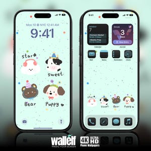 Sweet Cartoon Animal 4K Wallpaper | Pastel Puppy and Bear Design for iOS & Android | Cute Digital Background for Lock Home Screen | 388