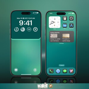May include: A green iPhone mockup with a clock widget, calculator, settings, files, and app store icons. The home screen displays a clock, a notification for "Continue Watching", and two apps titled "Design for spatial user interfaces" and "Principles of spatial design".