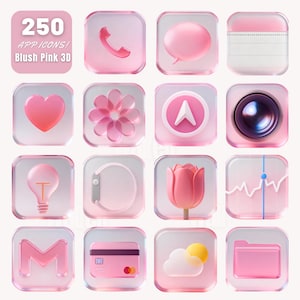 Könnte beinhalten: 16 App-Icons in 3D-Optik in Blush-Pink, jeweils in einem transparenten Quadrat. Die Icons zeigen Telefon, Sprechblase, Notizblock, Herz, Blume, Standortpfeil, Kamera, Glühbirne, Uhr, Tulpe, Diagramm, E-Mail, Kreditkarte, Wolke und Ordner. Der Text "250 APP ICONS! Blush Pink 3D" ist oben.
