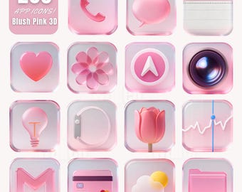 Paquete de 250 iconos de aplicaciones 3D en rosa ruborizado • Tema de pantalla de inicio para iOS y Android