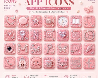 May include: Pink app icon set with a plush, diamond-like texture. The icons feature various designs, including a phone, clock, star, and butterfly. The text reads "APP ICONS" and "220+ Icons". The design is perfect for home screen setups.