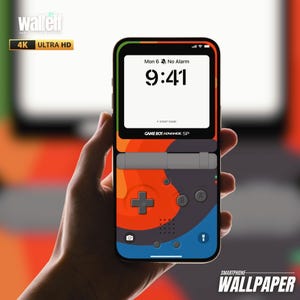 Puede incluir: Un smartphone con un fondo de pantalla temático de Game Boy Advance SP. La pantalla muestra la hora 9:41, con un diseño colorido en naranja, azul y gris. El teléfono se sostiene en una mano, con las palabras "SMARTPHONE WALLPAPER" en la parte inferior.