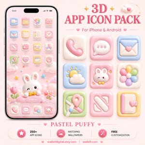 以下が含まれることがあります： iPhoneおよびAndroid用の3Dアプリアイコンパック。パステルカラーとぷっくりとしたデザインが特徴です。画面にはピンクのインターフェース、白いウサギのキャラクター、丸みを帯びた正方形のアイコンが表示されています。テキストには3D APP ICON PACKと記載されています。