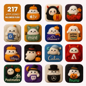 May include: A collection of 16 Halloween-themed plush app icons. Each square icon features a cute character with a pumpkin, dressed as a devil, ghost, or other costume. The top left icon reads "217 APP ICONS! HALLOWEEN PLUSH."